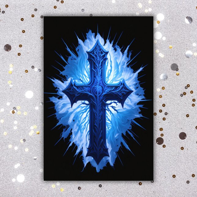 Impression Photo Superbe Croix Bleue Chrétienne sur noir | (Créateur téléchargé)