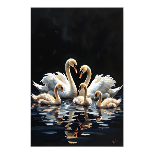 Impression Photo Swan Family on Black Lake Artwork (Devant)