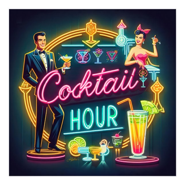 Impression Photo Symbole du néon du milieu du siècle Cocktail Hour  (Devant)