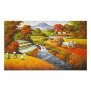 Impression Photo Temps de récolte : Un paysage rural avec une monta