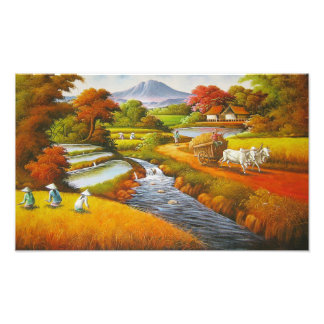 Impression Photo Temps de récolte : Un paysage rural avec une monta