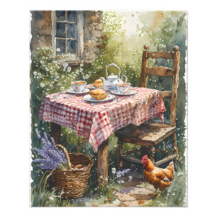 Impression Photo Thé matinal dans un jardin de cottage aquarelle