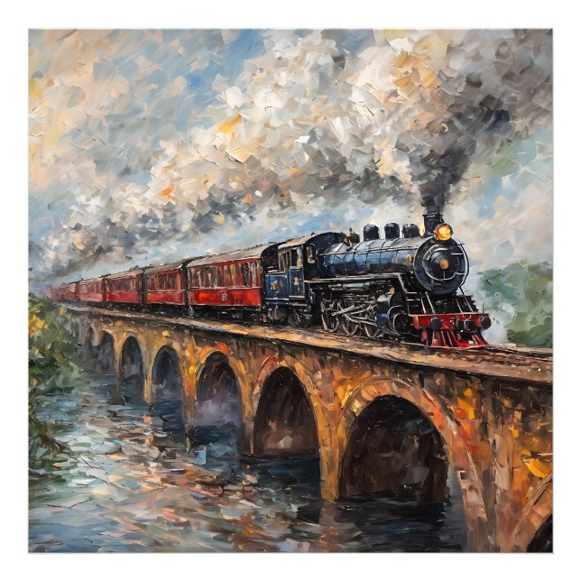 Impression Photo Train à vapeur sur un pont - Peinture à l'huile (Devant)