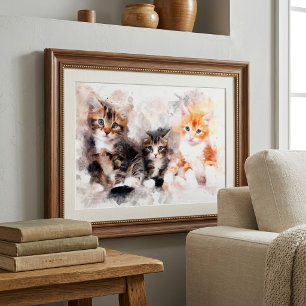 Impression Photo Trois beaux et mignons chatons aquarelle