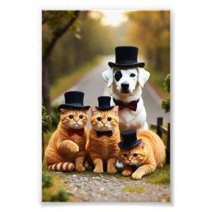 Impression Photo Trois chats orange et un chien sur la route Studio