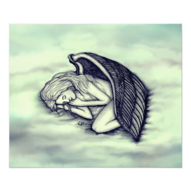 Impression Photo Un Ange endormi sur les cieux nuages en vert (Devant)