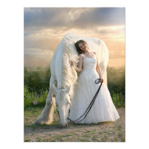Impression Photo Une belle fille en robe blanche tenant un cheval