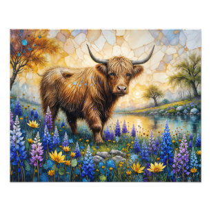 Impression Photo Vache des Highlands dans un paysage de vallée fleu