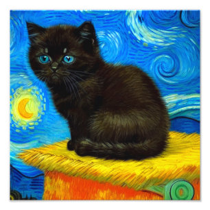 Impression Photo Van Gogh Style Starry Night Cat