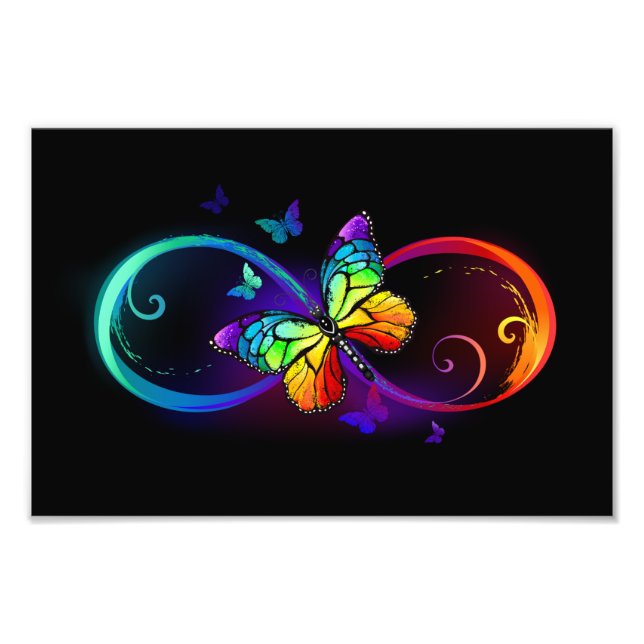 Impression Photo Vibrant infinity with rainbow butterfly on black (Devant)