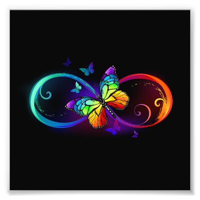 Impression Photo Vibrant infinity with rainbow butterfly on black (Devant)