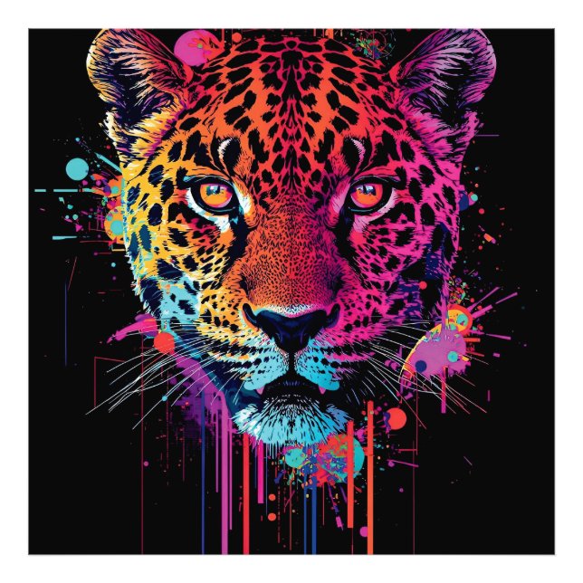 Impression Photo Vibrant Neon Leopard Metal Wall Art (Devant)