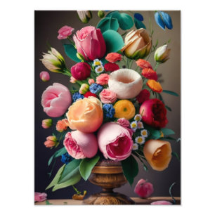 Impression Photo Vie morte éclairée : Bouquet vif dans Vase en verr
