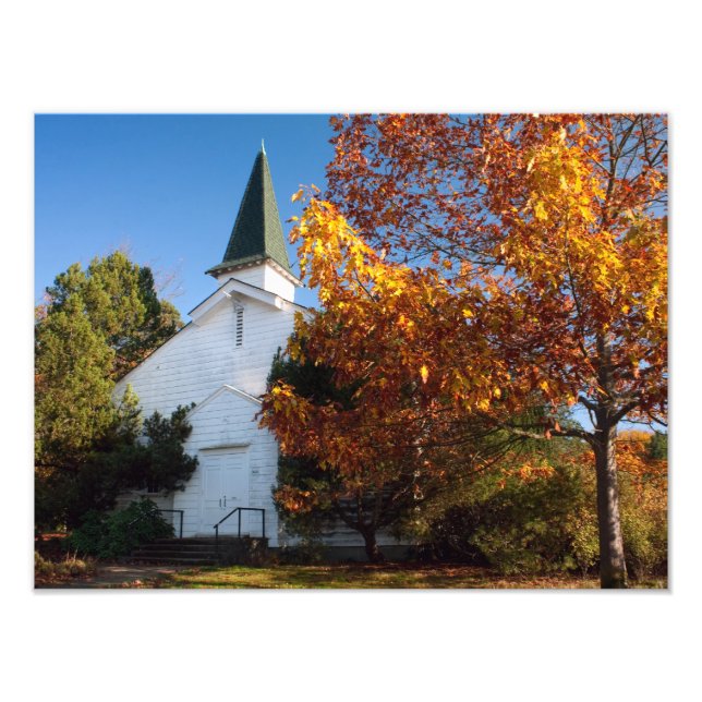 Impression Photo Vieille église blanche en automne (Devant)