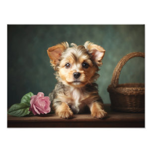 Impression Photo Vintage Cute Chiot Yorkshire Terrier Portrait Rose