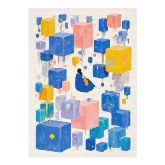 Impression Photo Whimsical Blue Yellow Watercolor Dreamer Cubes Abs