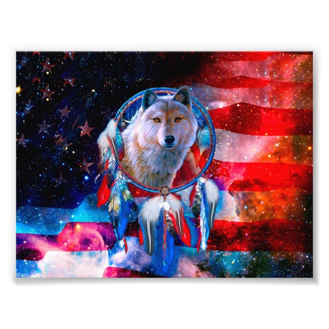 Impression Photo Wolf et Dreamcatcher en drapeau américain (Devant)