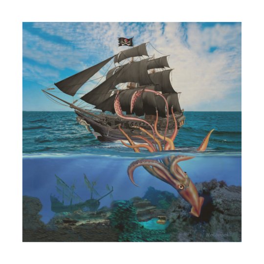 Impression Sur Bois Bateau De Pirate Contre Le Calmar Geant Zazzle Ca