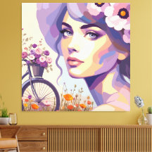 Impression sur toile de femme à bicyclette florale