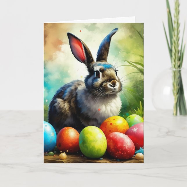 Impressionism Grey and White Easter Bunny Holiday Card (Front)