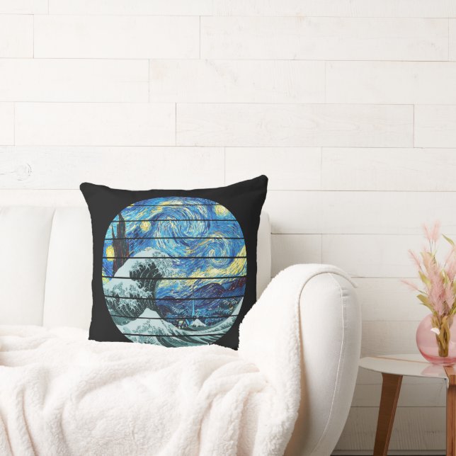 IMPRESSIONISM STARRY NIGHT WAVE OF KANAGAWA ART THROW PILLOW (Couch)