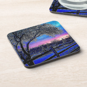 impressionism sunrise landscape winter trees coaster