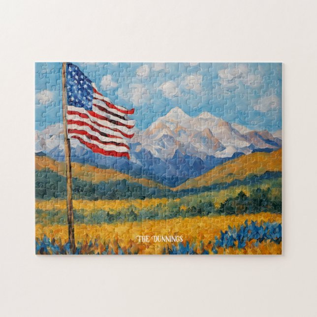 Impressionist American Flag and Mountains Jigsaw Puzzle (Horizontal)