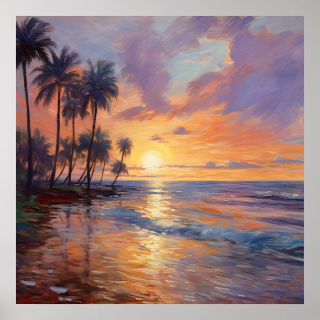 Impressionist Beauty: Beach, Palms, and Sunset Poster (Front)