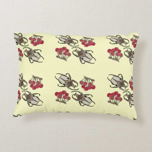 Impressionist Beetle & Cherry Watercolor Pattern Accent Pillow (Back)