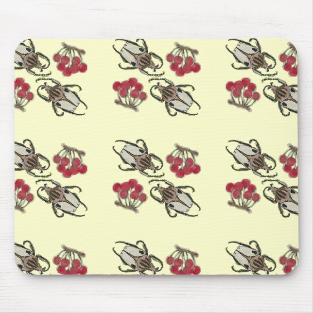 Impressionist Beetle & Cherry Watercolor Pattern Mouse Pad (Front)
