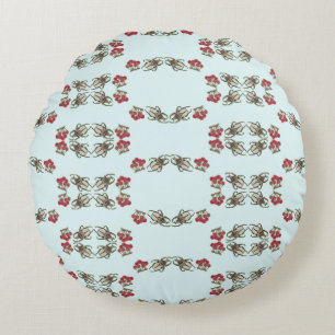 Impressionist Beetle & Cherry Watercolor Pattern Round Pillow