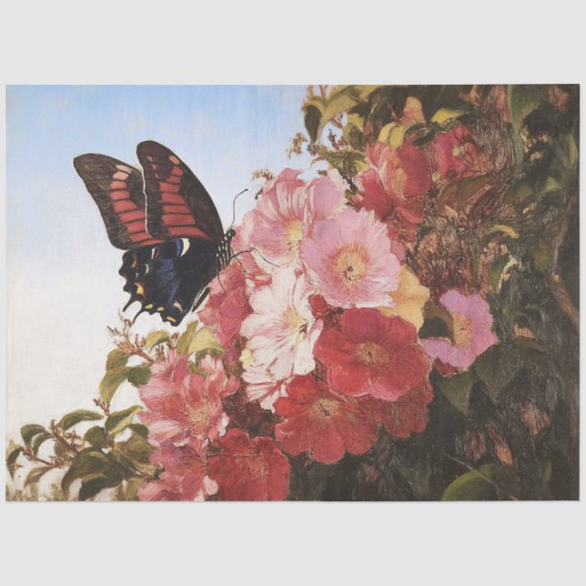Impressionist Butterfly and Pink Flowers Decoupage Tissue Paper (Front)