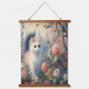 Impressionist Cat and Floral Wood Topped Wall Tape Hanging Tapestry