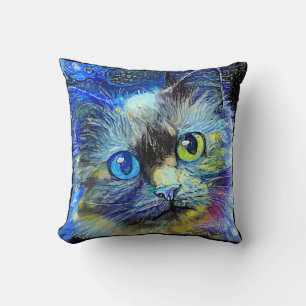 Impressionist Cat Portrait Blue Yellow Black Throw Pillow