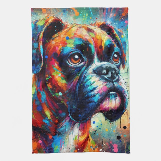 Impressionist Colourful Pop Art Boxer Dog Painting Kitchen Towel (Vertical)