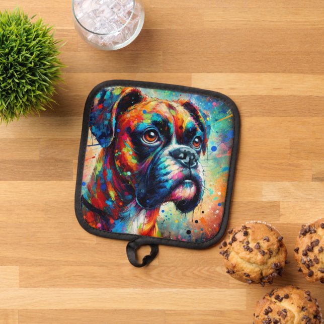 Impressionist Colourful Pop Art Boxer Dog Painting Pot Holder (Top Down)