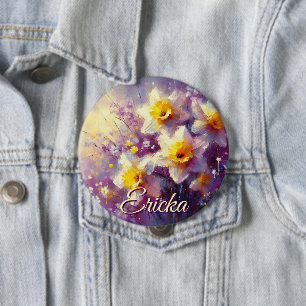 Impressionist Daffodil Floral Purple Personalized 4 Inch Round Button