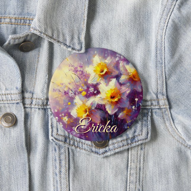 Impressionist Daffodil Floral Purple Personalized 4 Inch Round Button (In Situ)