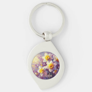 Impressionist Daffodil Floral Purple Personalized Keychain