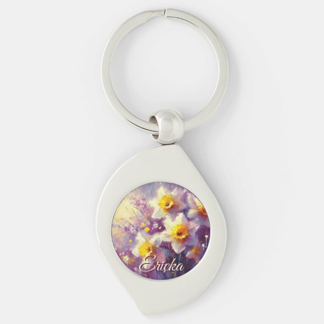 Impressionist Daffodil Floral Purple Personalized Keychain (Front)