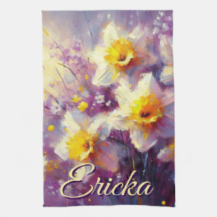 Impressionist Daffodil Floral Purple Personalized Kitchen Towel