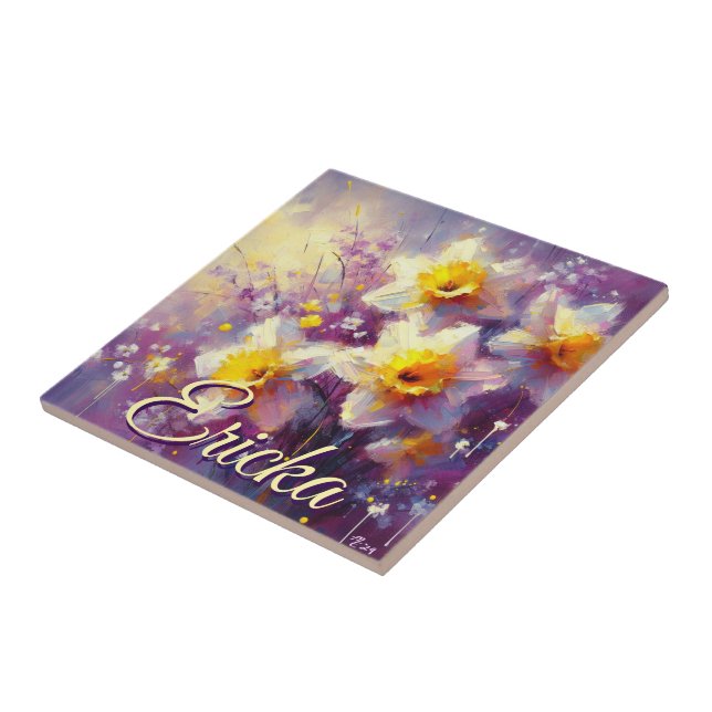 Impressionist Daffodil Floral Purple Personalized Tile (Side)