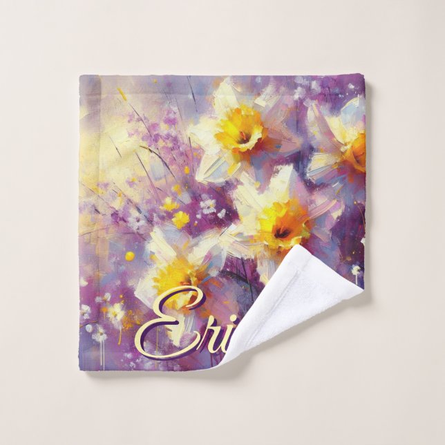 Impressionist Daffodil Floral Purple Personalized Wash Cloth (Wash Cloth)