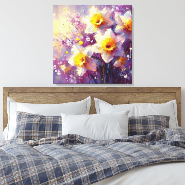 Impressionist Daffodil Floral Purple Yellow Art Canvas Print (Insitu(Bedroom))
