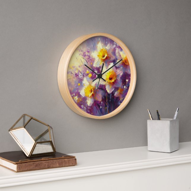 Impressionist Daffodil Floral Purple Yellow Art Clock (Office)