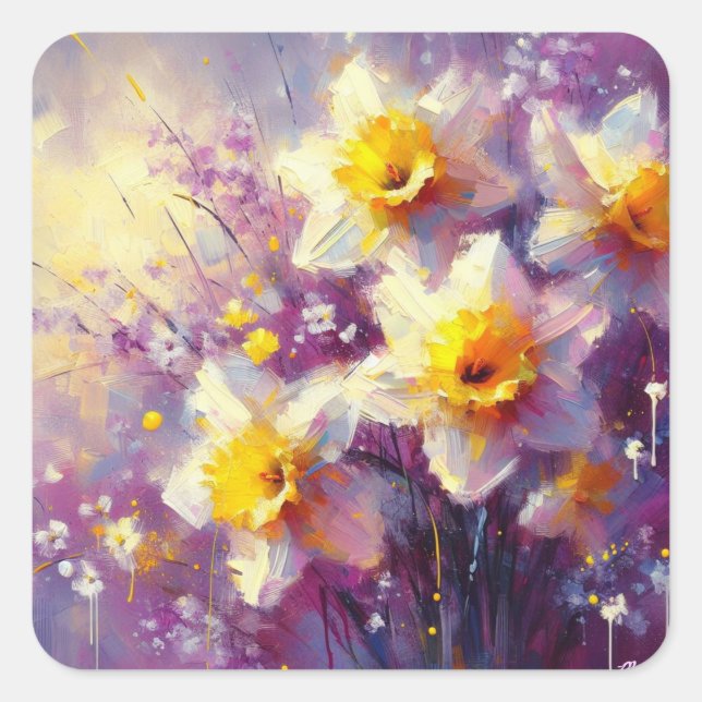 Impressionist Daffodil Floral Purple Yellow Art Square Sticker (Front)
