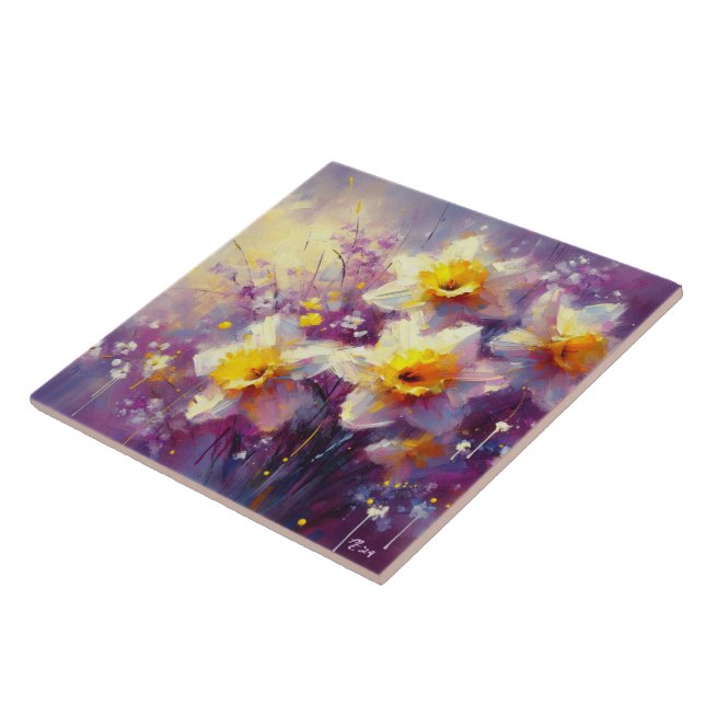 Impressionist Daffodil Floral Purple Yellow Art Tile (Side)