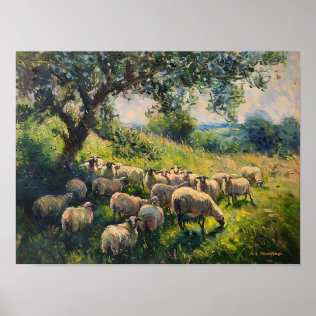 Impressionist Flock of Sheep Landscape Painting Poster (Front)
