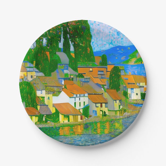 Impressionist  Mediterranean Village by the Sea   Paper Plate (Front)