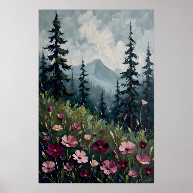 Impressionist Mountain Landscape with Wildflowers Poster (Front)